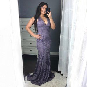 Purple Lace V-Neck Mermaid Long Prom Formal Dress